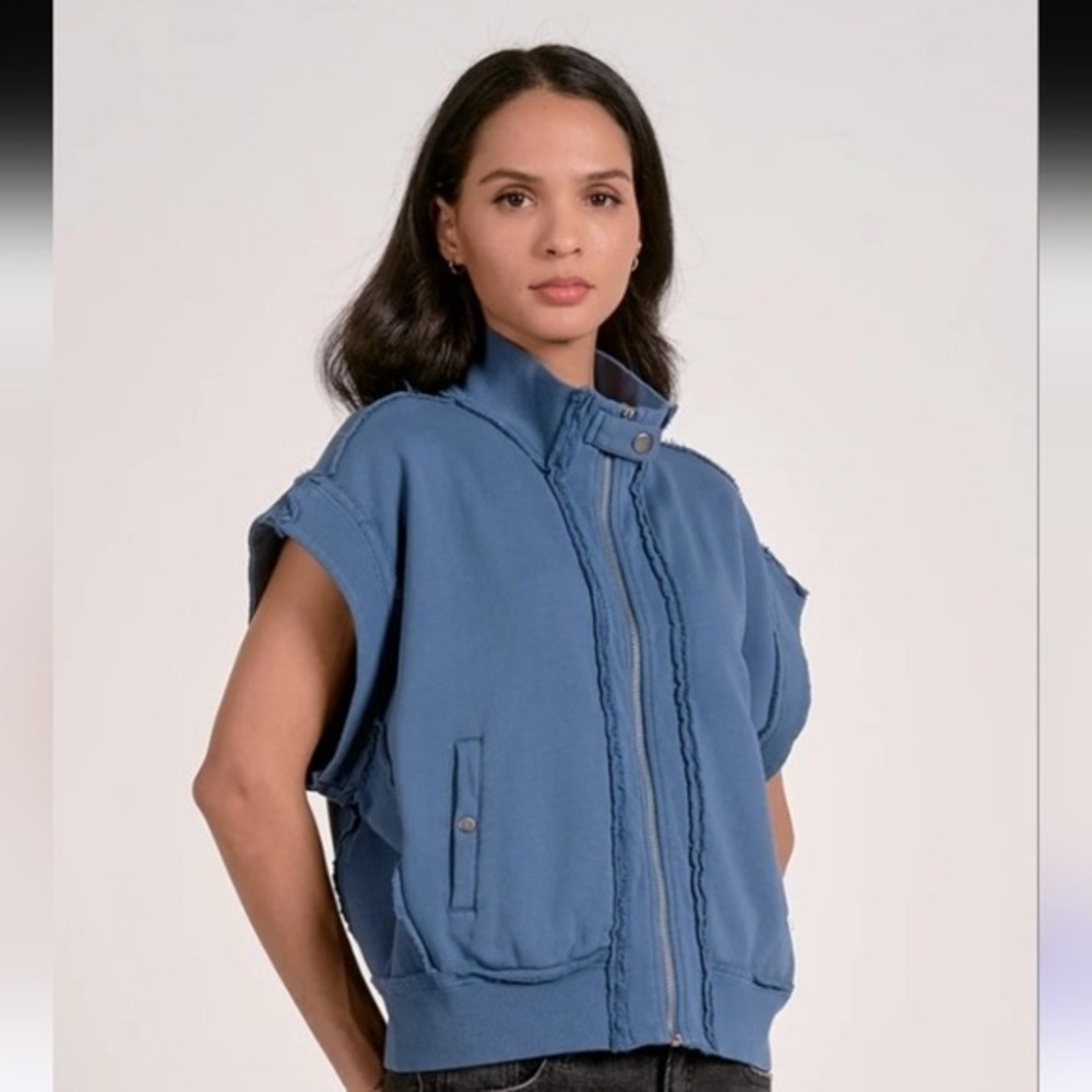 Elan Blue Cotton Sleeveless Zip Up Sweatshirt Vest Raw Edge FT8198 XS